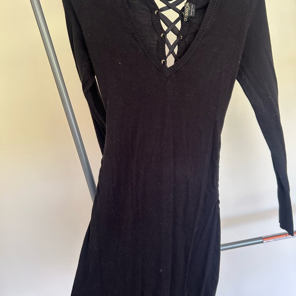 Guess Black Long Sleeve Lace-Up Dress